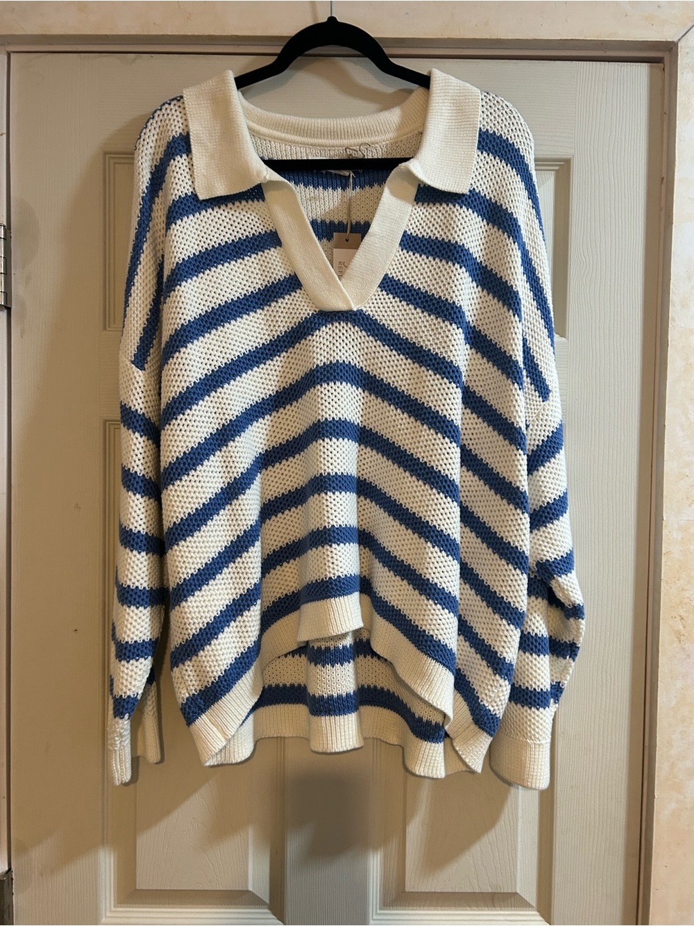 Natural Reflections Cream & Blue Striped V-Neck Sweater